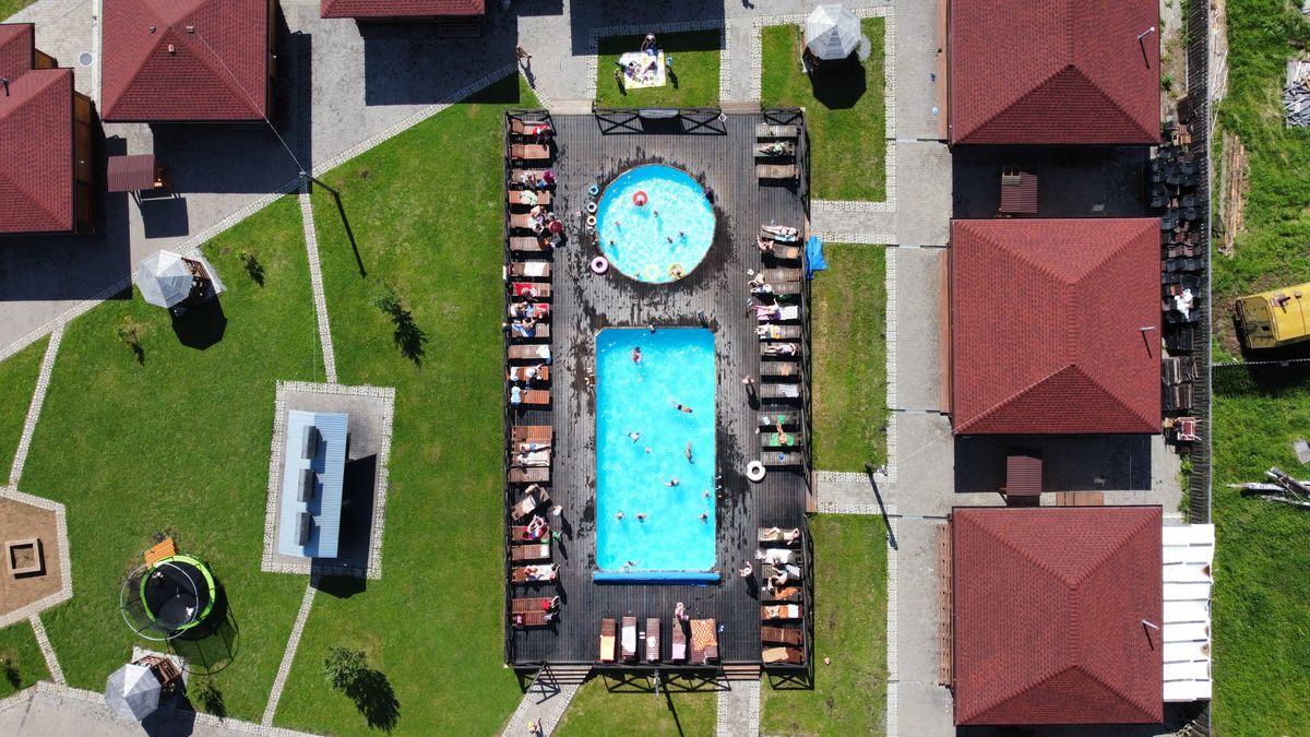 A backyard swimming pool seen from above